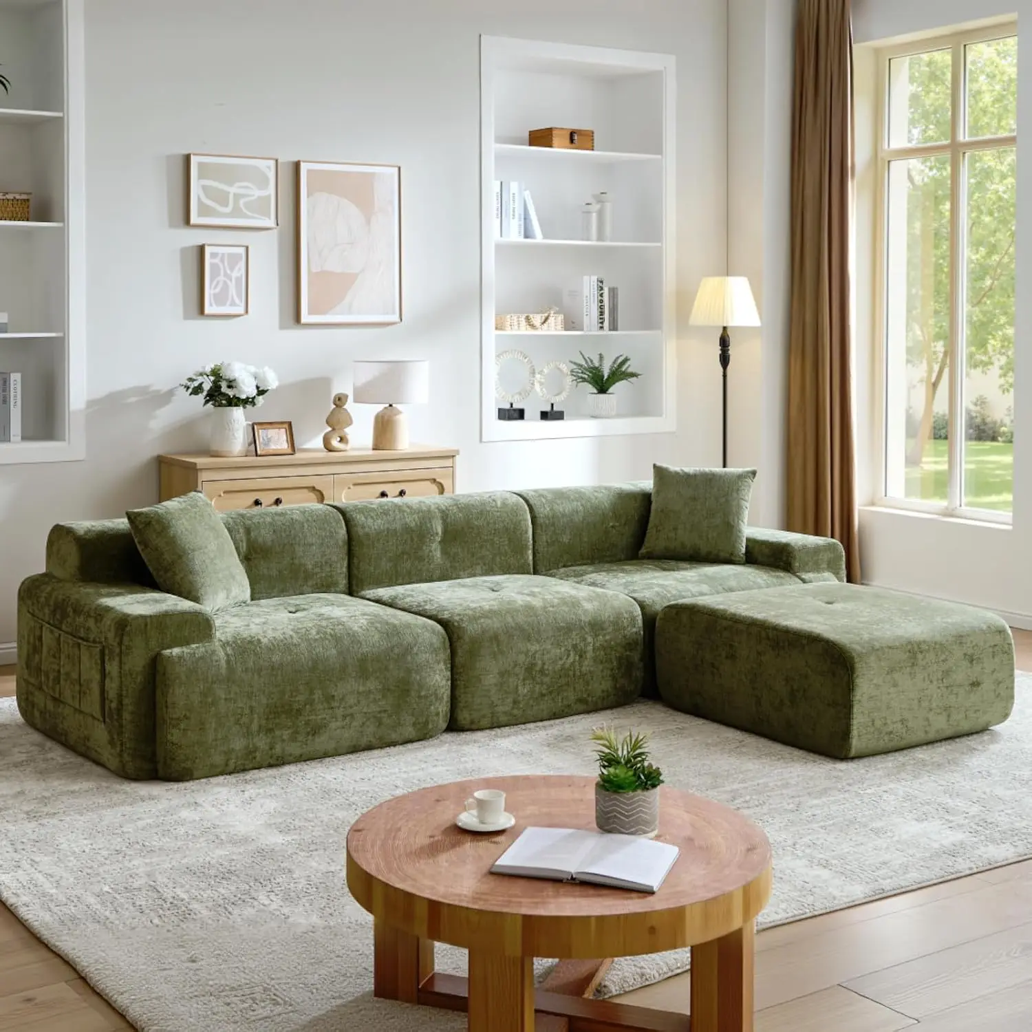 

Модульный угловой диван 118 дюймов, глубокое сиденье, съемный, из шенилла, зеленый, для гостиной, без сборки, на заказ