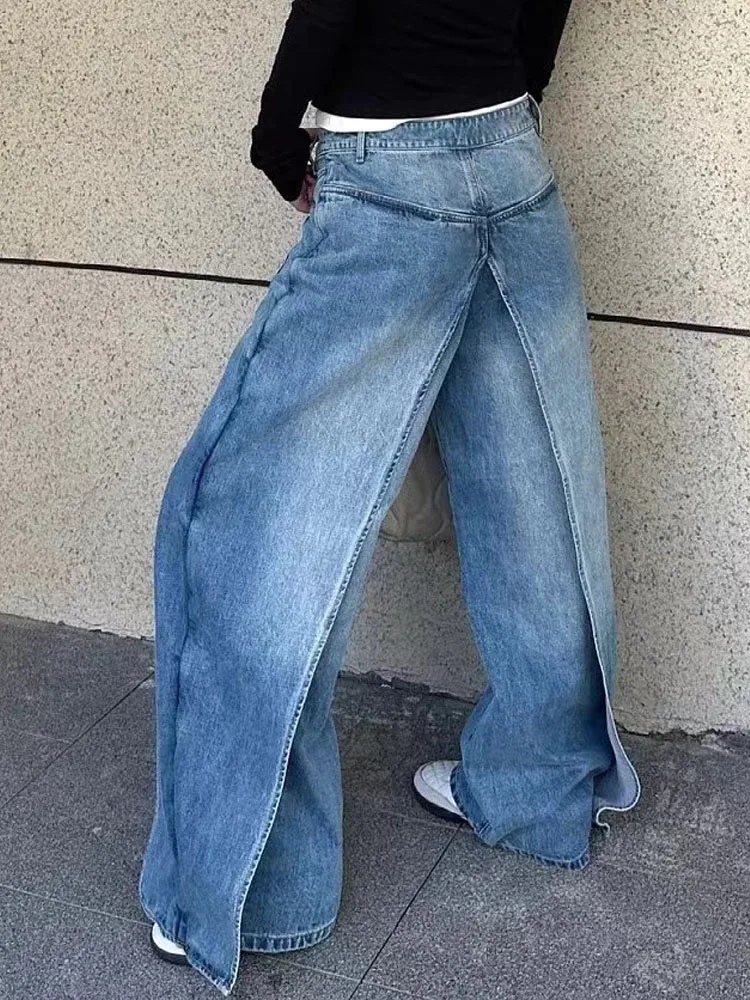 BKQU Spliced Design Jeans Women Hip Hop Baggy Wide Leg Denim Pants Trendy Vintage High Waist Fake Two-piece Jeans Trousers Y2K