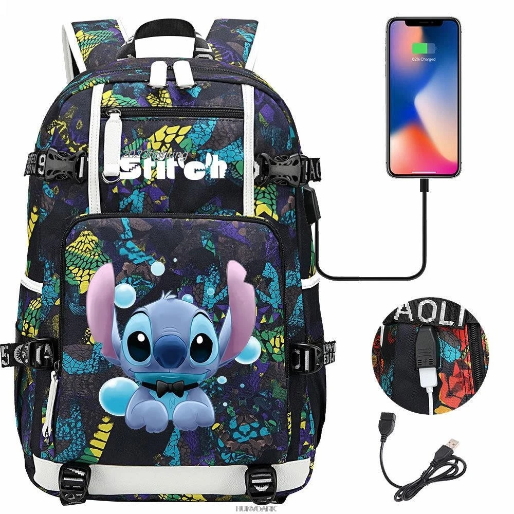 Lilo And Stitch Backpack Cartoon Disney USB Charge School Expandable School Bag Large Capacity 18inch Laptop Waterproof Mochilas