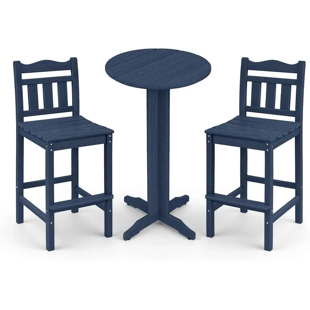 

Weather-Resistant 3-Piece Bar Set with High-Back Chairs and Round Table for Patio, Balcony, or Poolside in Navy Blue
