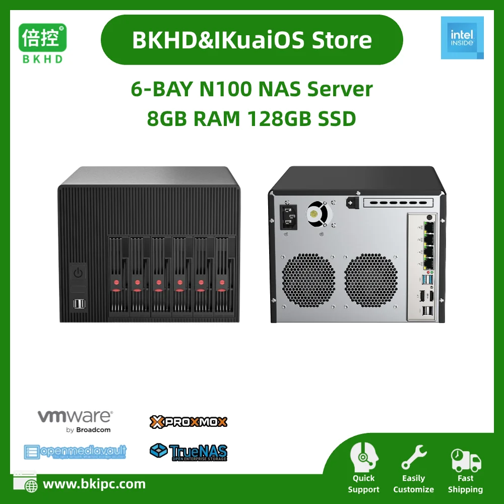 6-Bay NAS Sever Support Docker 2.5" 3.5" SATA Hard Disk Inside N100 8GB RAM 128GB SSD 4 ports 2.5GbE BKHD-1264-6-Bay-NAS