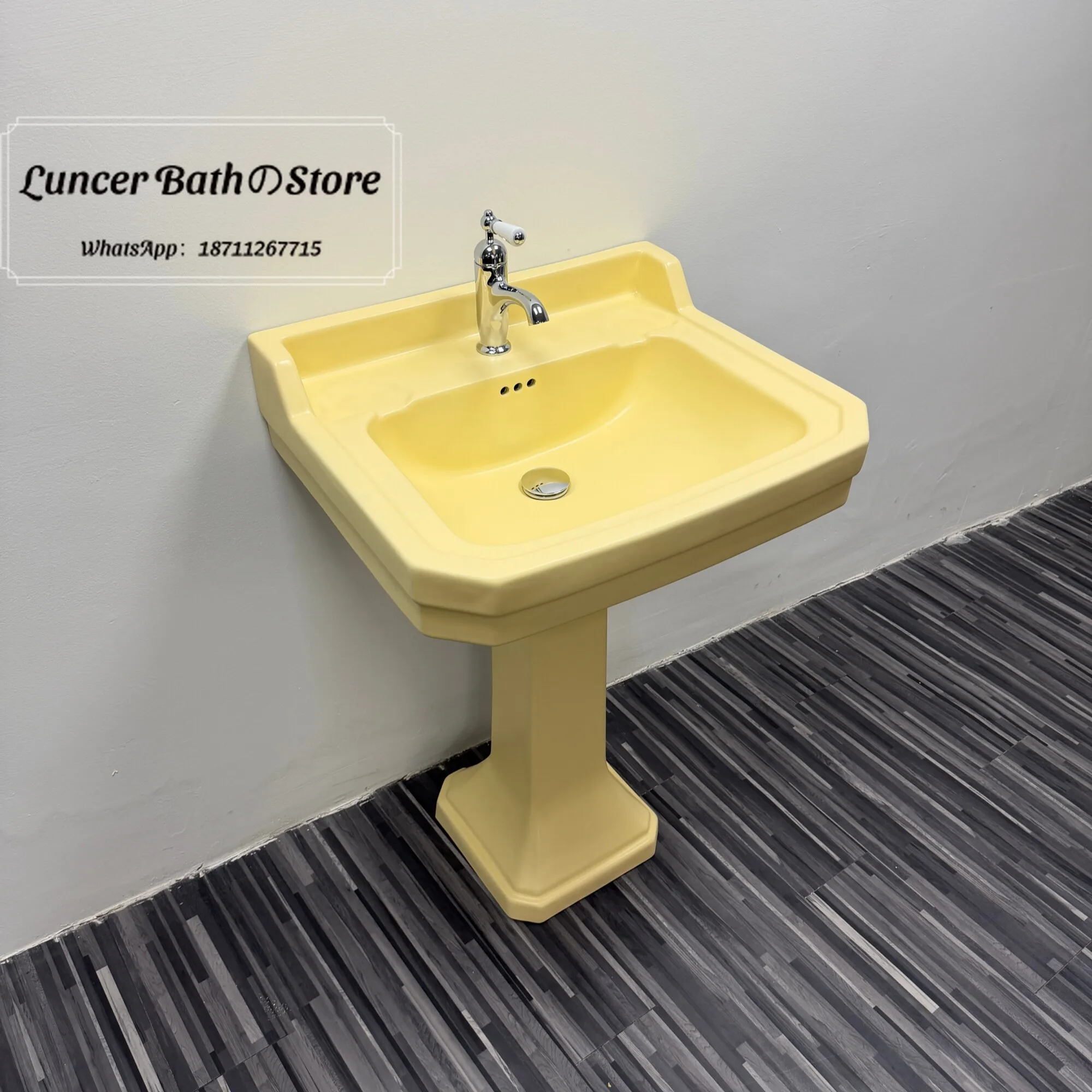 European Retro Cream Yellow Ceramic Pedestal Sink Light Yellow Freestanding Wash Basin