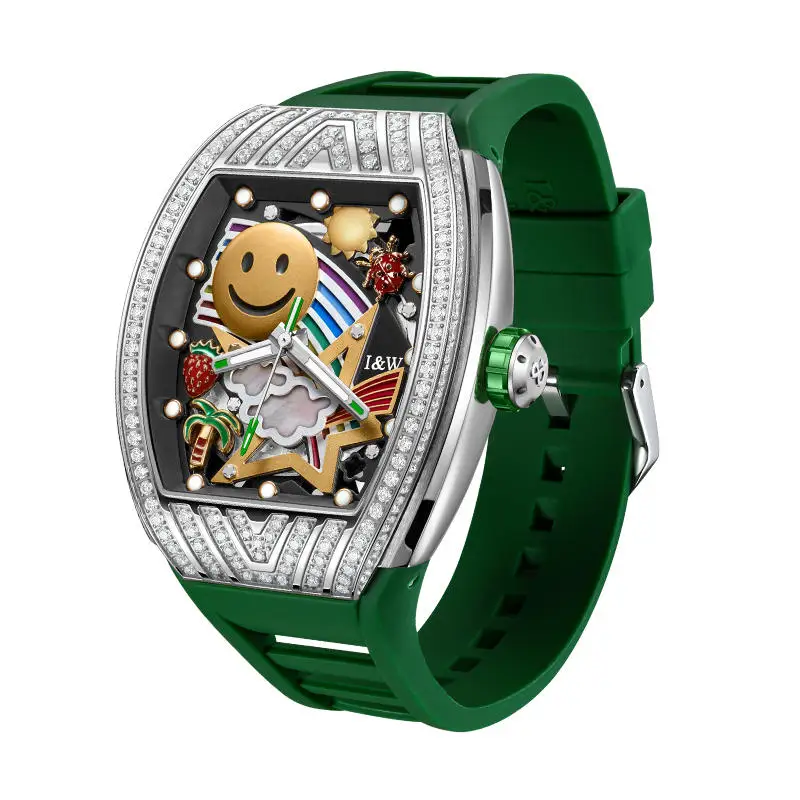 I&W CARNIVAL Men's Luxury Watch Japan MIYOTA Automatic Mechanical Full Rhinestone Diamond Smiley Face Hollow Waterproof 757G