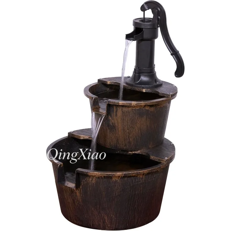 Two Tier Imitation Barrel Fountain Outdoor Garden Water Feature Retro Hand Pump Style Ornament For Yard Lawn Backyard Landscape