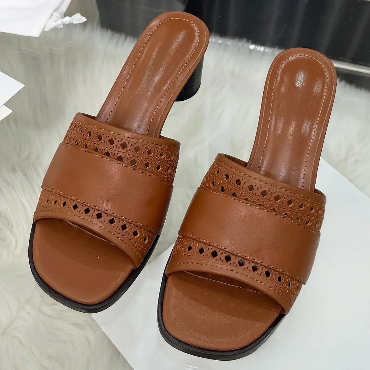 

2026 Women's Leather Square Toe Block Heel Slides, Retro Chic Slip-On Heels for Summer & Casual Wear YYT26050217
