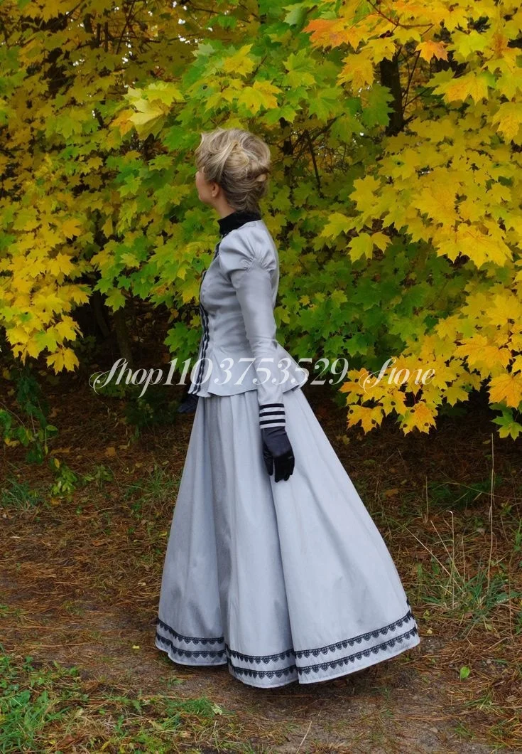 17th Century Prom Dress Vintage Grey Long Sleeve Small Jacket A-Line Dress Two Piece Renaissance Ball Gowns vestido festa