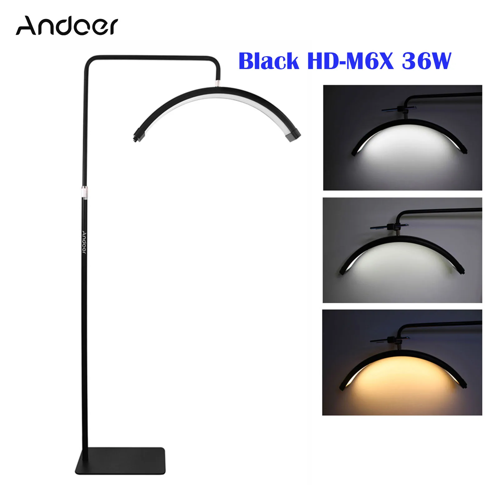 NIEUW Andoer HD-M6XR 36W vloer LED-videolamp halvemaanvormig invullicht dimbaar met 5600K wit licht en rood licht 186cm metaal