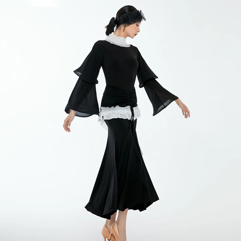 فستان الفالس فستان قاعة الرقص الأسود القياسي ممارسة الرقص الحديث الزي شق تنورة مضيئة كم ارتداءها ملابس الرقص النسائية 1391