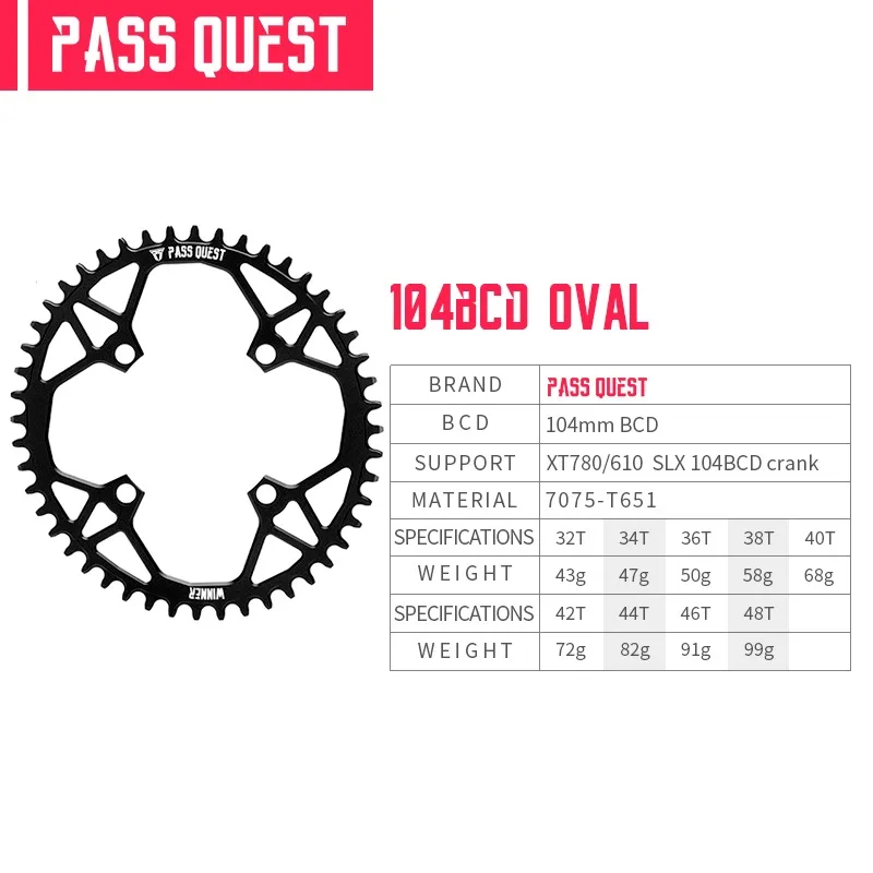 PASS QUEST Crown 104 Bcd Oval for XT780/610 SLX Narrow Wide Chainring 32T 34T 36T 38T 40T 42T 44T 46T 48T 104bcd Crankset MTB