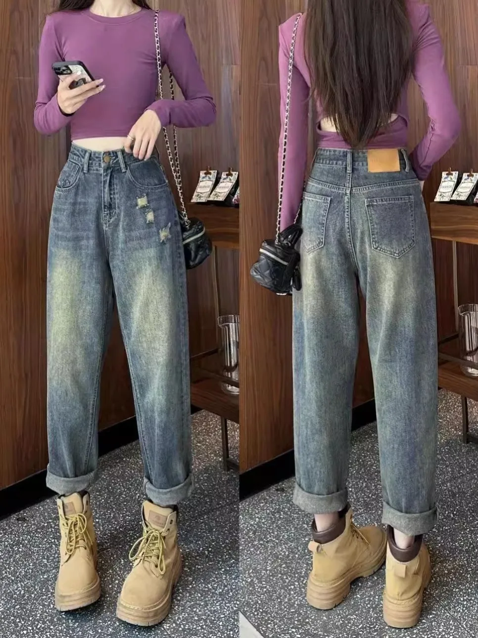 

Женские летние новые джинсы-харланы с высокой талией, широкими штанинами, свободного кроя, укороченные, с эффектом потертости, большие размеры