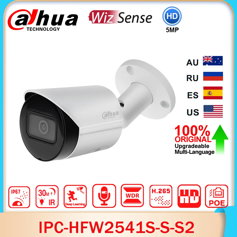 Dahua Original IPC-HFW2541S-S-S2 2.8mm 3.6mm 5MP IR Fixed-focal Bullet WizSense Network Camera POE IP Camera 2-Way Audio SD