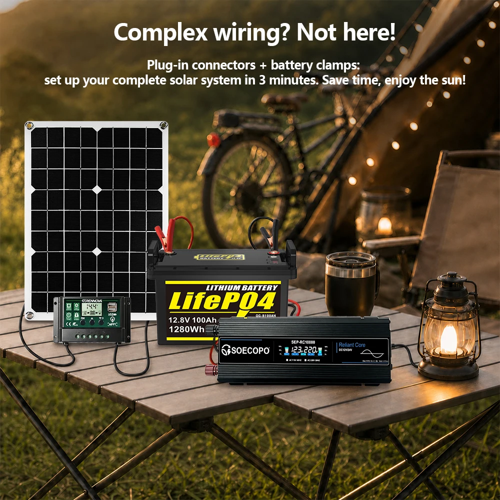 Home Backup Solar System Kit 10000W Inverter 500W Solar Panel MPPT Controller DC12V/24V AC110V/220V for RV Camping Off Grid Use