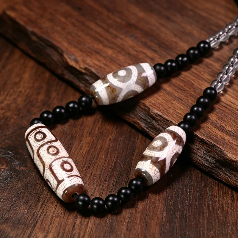 Tibetan Dzi Bead Agate Fire Offering Ru Kiln Dragon Pattern Nine-Eyed Full Circle Necklace Pendant Clavicle Chain, approximately