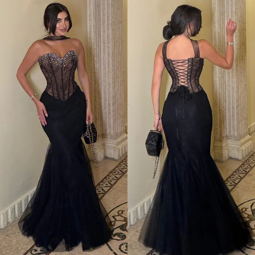 

Customized Classic Elegant Tulle Rhinestone Lace Mermaid Strapless Long Dresses Bespoke Occasion Dresses Sizes Available Sexy