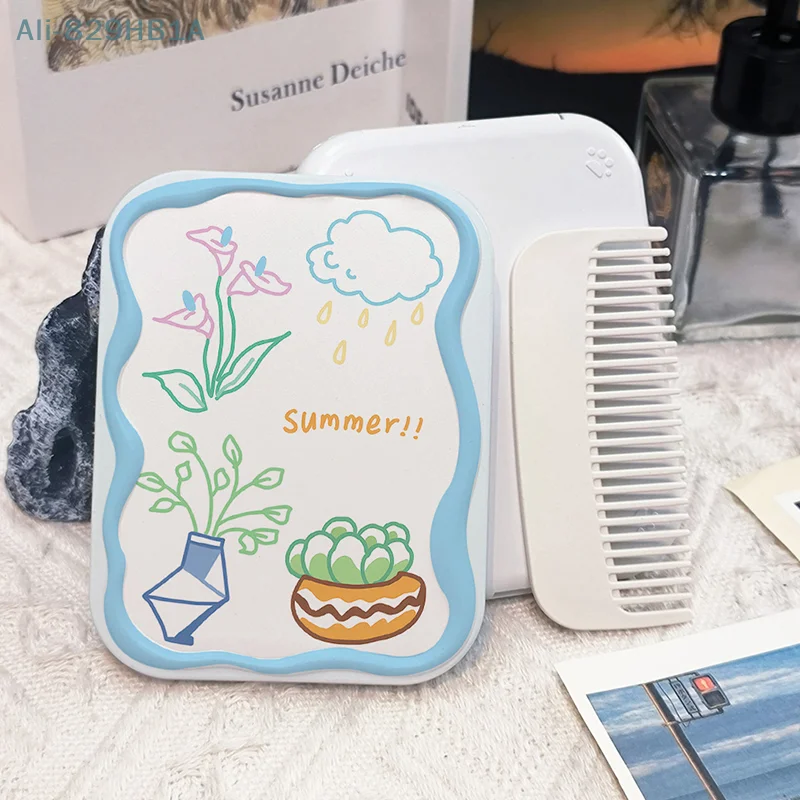 Cute Cartoon Botany Folding Clamshell Mirror Makeup Mirror With Comb Portable Creative For Women Girls Handheld Mirror ﻿