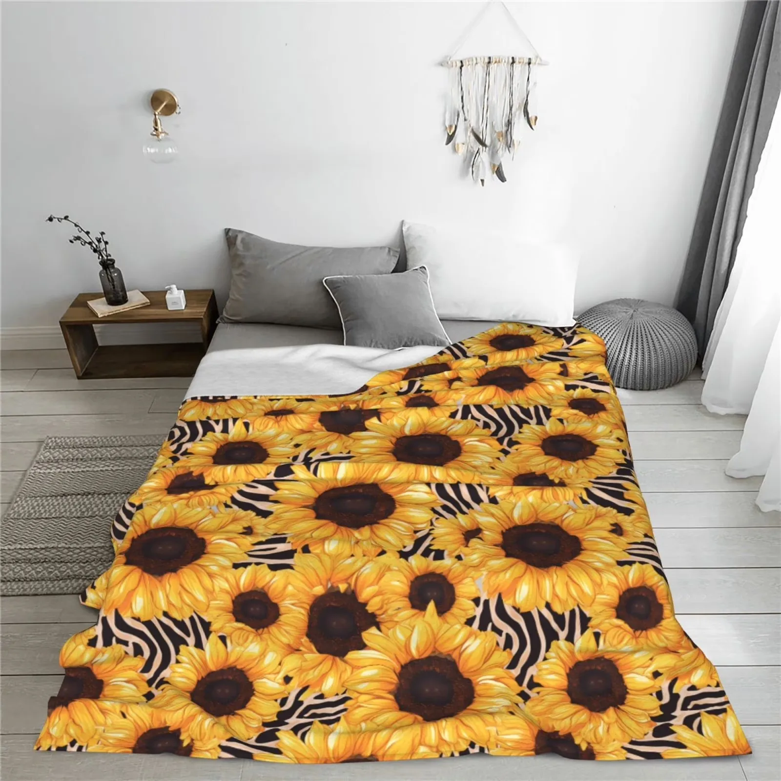 Sunflower Zebra Print Fleece Throw Blanket Soft Plush Flannel for Couch Bed