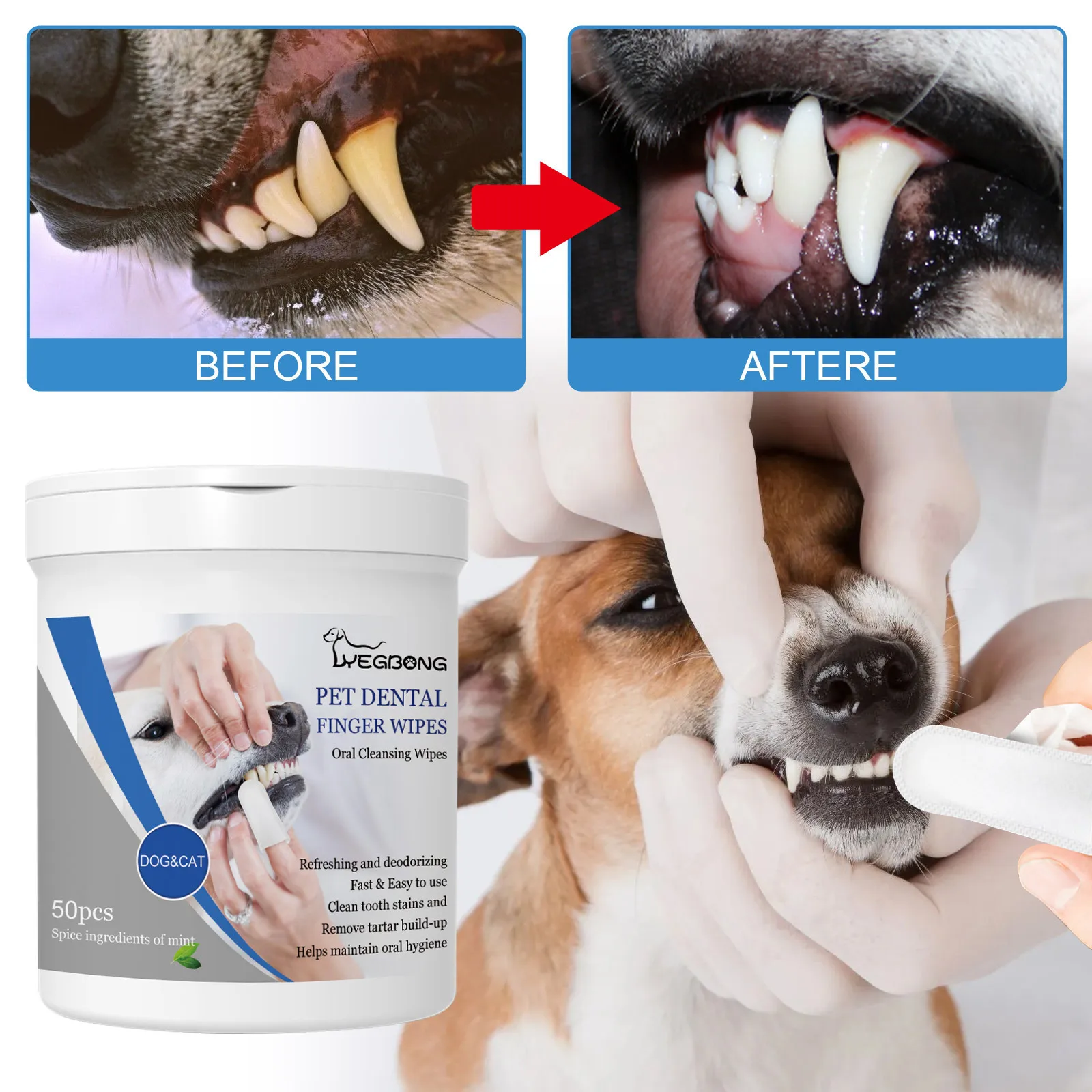 Teeth Cleaning Wipes for Dogs & Cats, Remove Bad Breath by Removing Plaque  , Disposable Gentle Cleaning & Gum Care