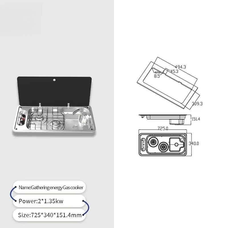 High Quality Two-Burner Gas Hob Sink Combination Unit for RV Motorhome Caravan Yacht-725x340x151.4mm Kitchen Accessory