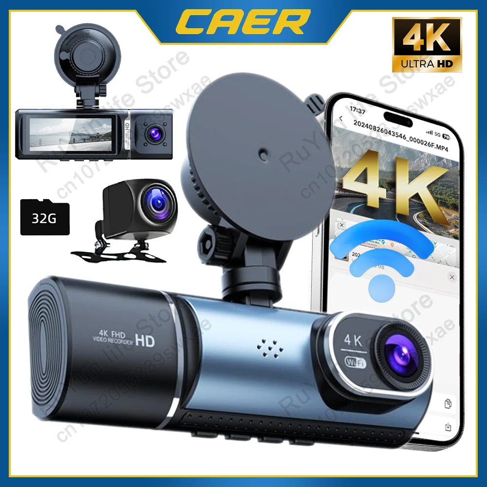 3-Kanal-Fahrrekorder, WLAN-Verbindung, Auto-Dashcam, 4K, ultraklare Nachtsicht, große Auswahl an