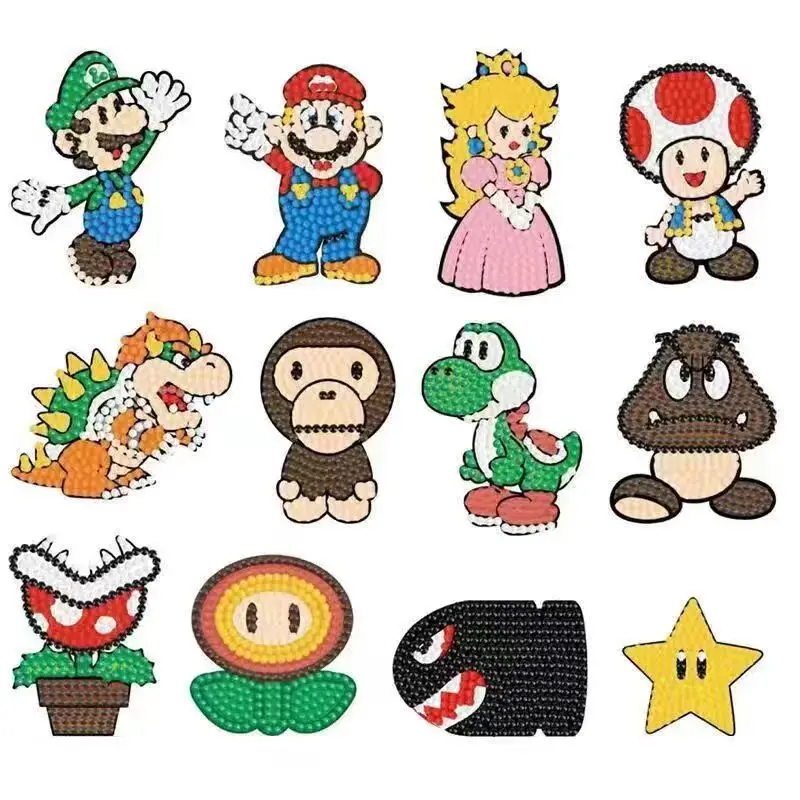 24Pcs Cartoon Diamond Painting Super Mario Theme Children's Stickers DIY Diamond Art Craft Enthusiast