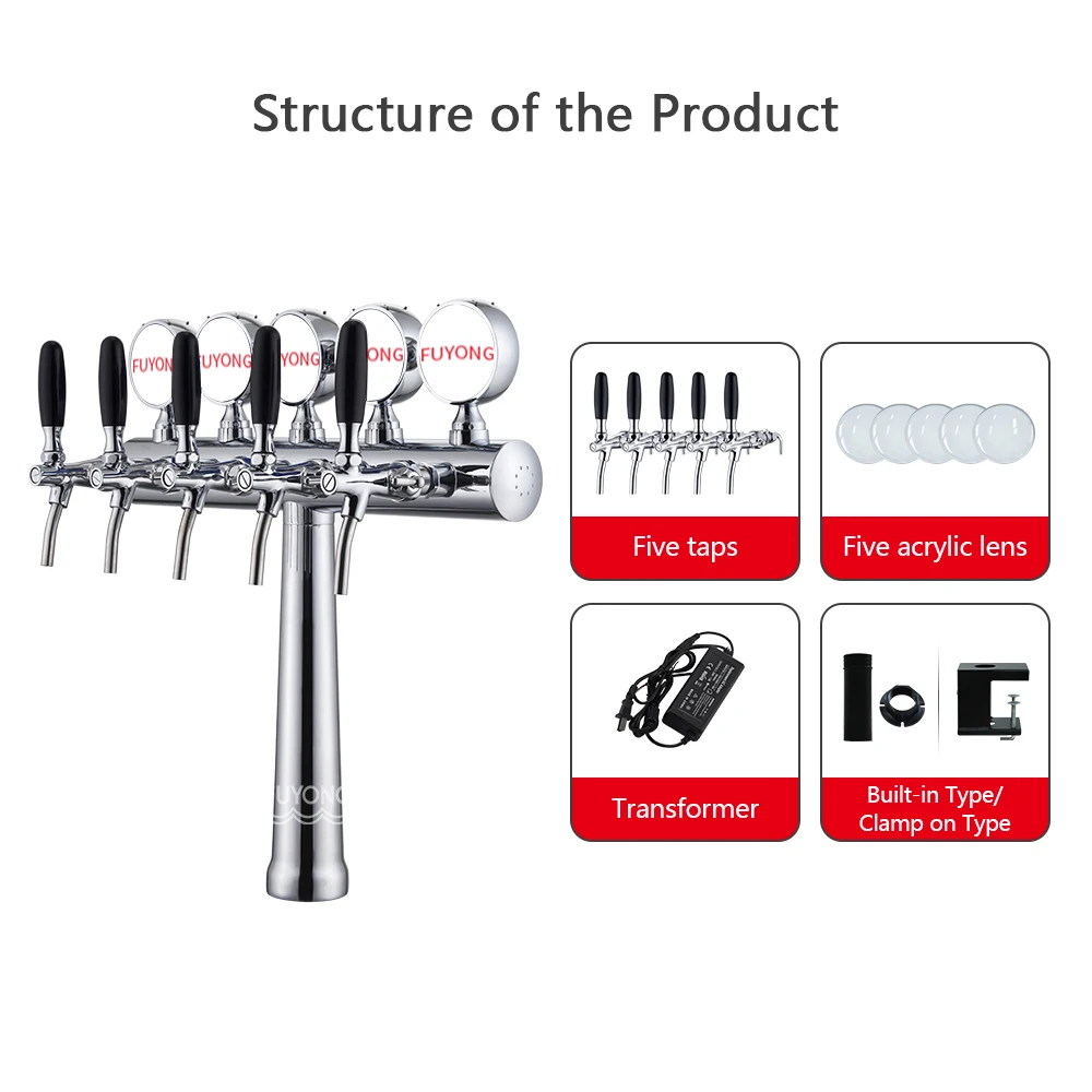 5 Tap T Shape Beer Tower in Drink Dispenser Stainless Steel Column for Beer Serving
