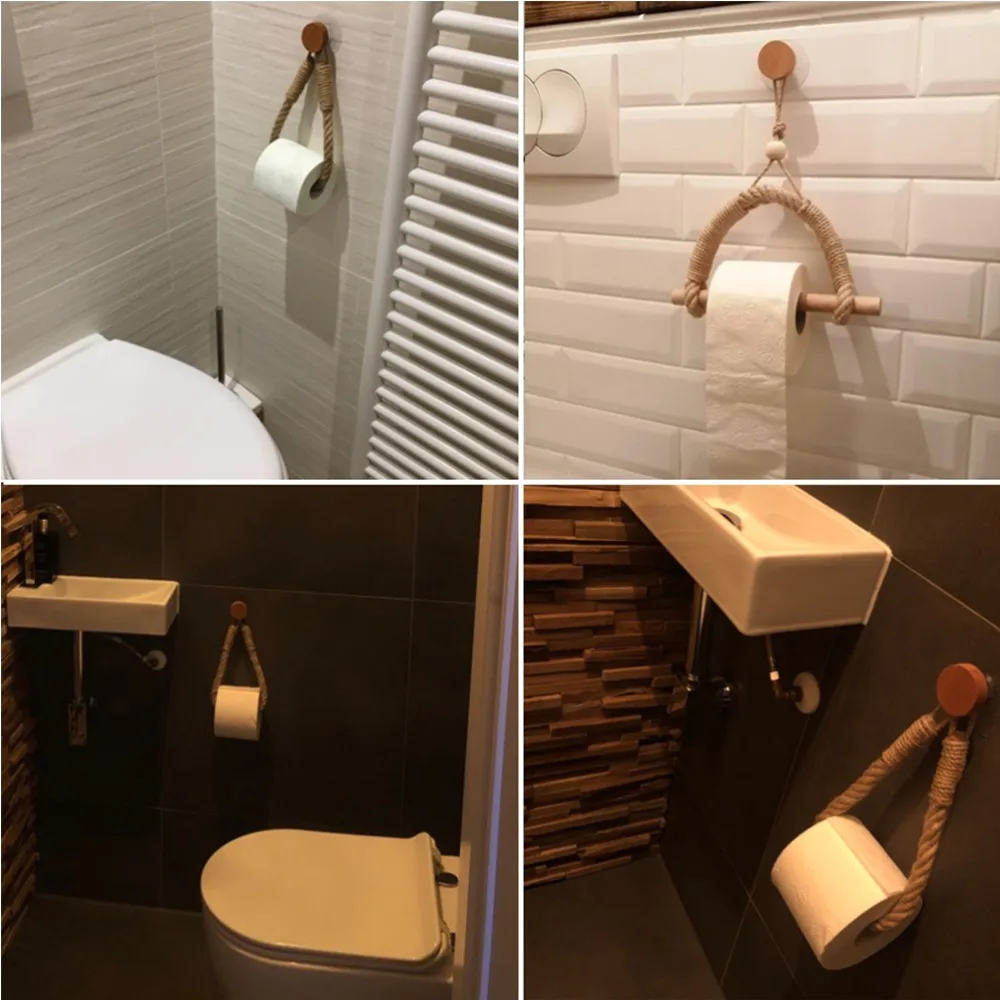 Space Saving Wall Mounted Toilet Paper Holder No Drilling Hemp Rope Tissue Rack Retro Wooden Hook Towel Rack Tissue Hold