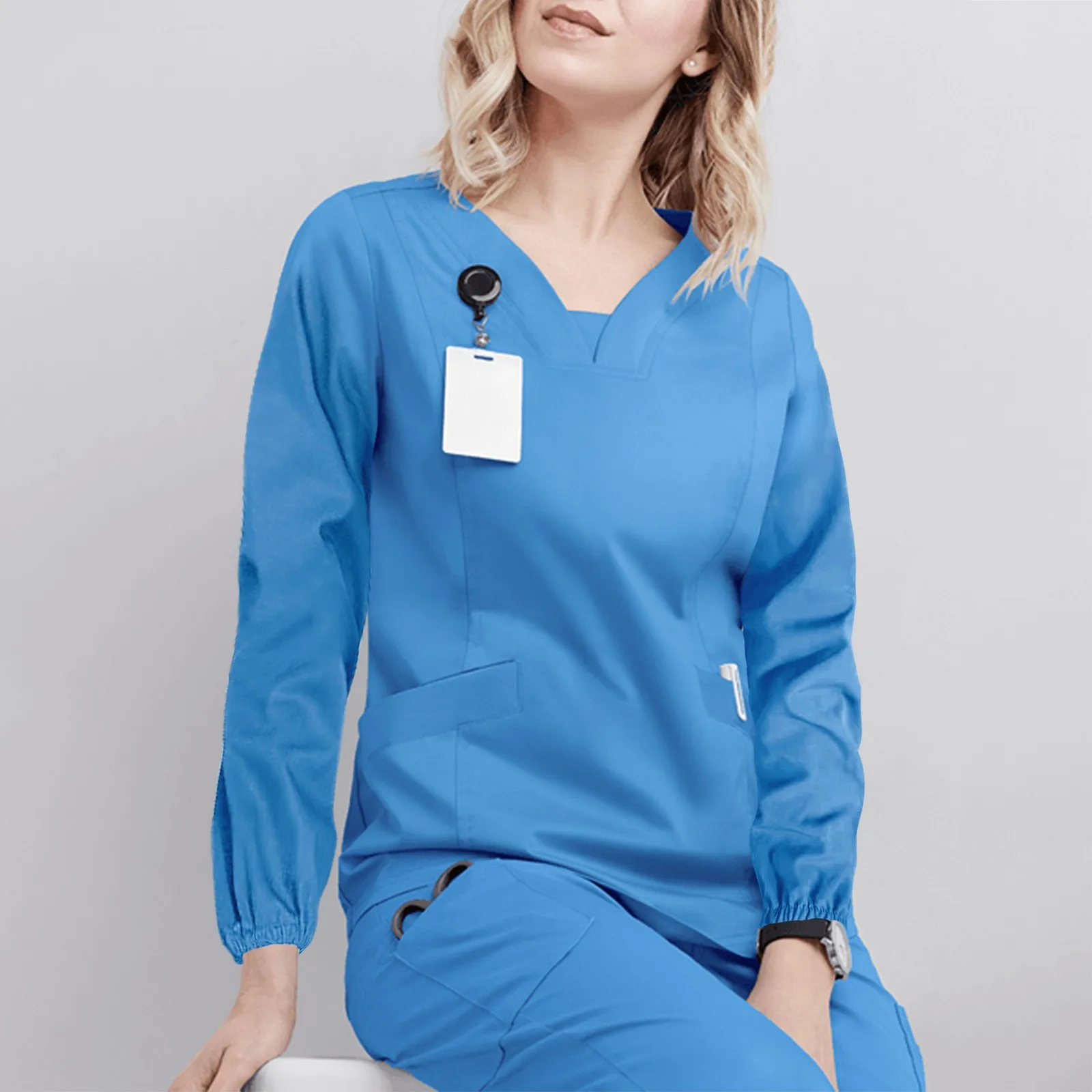 V-neck Workers Tops With Pocket Long Sleeve Solid Color Care Nurse Clothing Nurse And Surgeons Waterproof Isolation Clothing