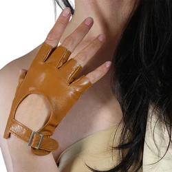 REAL LEATHER Half Finger Gloves Fingerless Genuine Lambskin Sheepskin Buckle Closure Fashion Club Driving Wrist Short Glove