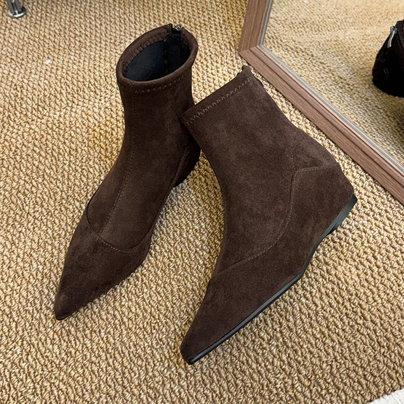 

Женские ботильоны с острым носком на плоской подошве, замшевая роскошная обувь, модные платья, сексуальные зимние ботинки 2025 года, новый дизайнерский Mujer Short Botas