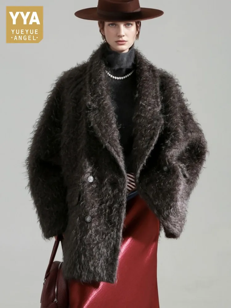 Damski luksusowy płaszcz z mieszanki moheru, wełny i kaszmiru, dwurzędowy, z kołnierzem garniturowym, luźny, ciepły płaszcz na jesień i zimę, jednolity kolor.