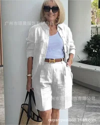 2024 Elegant 2-Piece Sets For Women Womens Cardigan Shirt Top Summer Solid Color Casual Shorts Two Piece New In Matching Sets