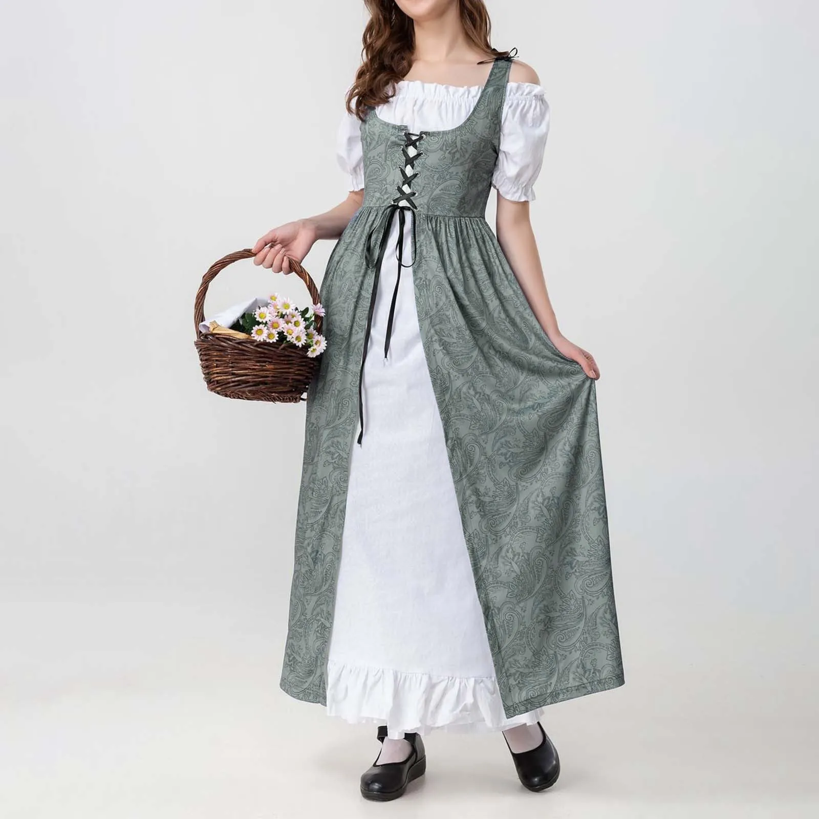 Women Renaissance Medieval Short Sleeves Long Dress Irish Vintage Patchwork Over Dress Retro Gown Halloween Cosplay Costume