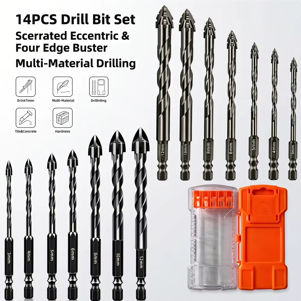 14Pcs Four-Edged Serrated Eccentric Drill Bit Set 3-12mm Hex Shank Cross Spear Drill for Tile Glass Stainless Steel Concrete