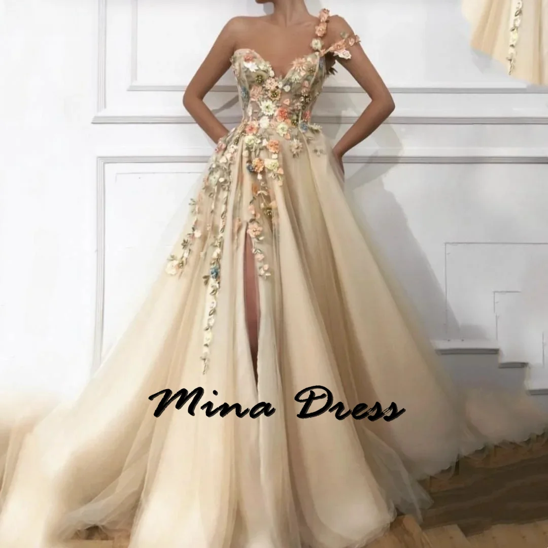 

Mina Customized Sleeveless Evening Dresses 2024 Luxury Dress for Weddings Slit Backless One Shoulder Flowers Wedding Party Dress