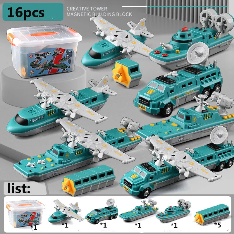 DIY duży klocki do budowy magnetyczny przekształcający samochód Robot samolot N w 1 wojskowej konstrukcji klocki edukacyjne prezent dla chłopca