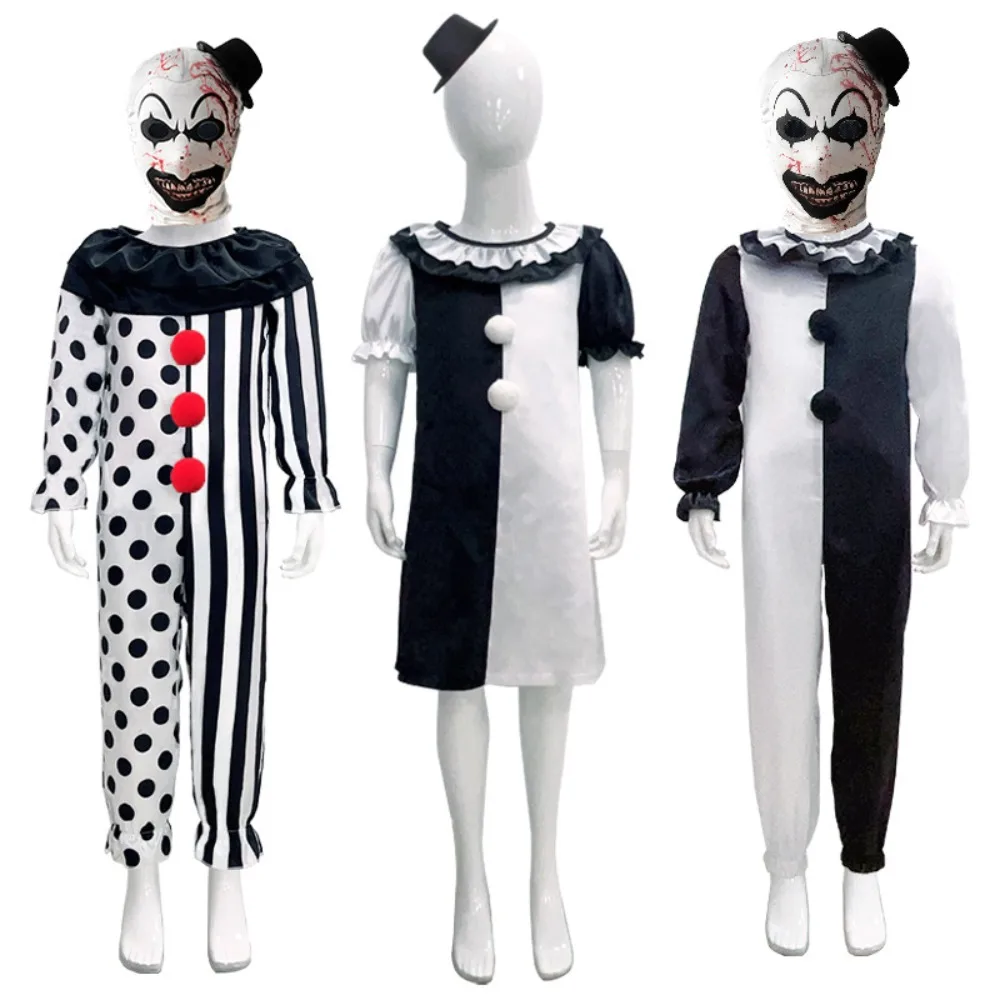 

Halloween Children's Clown Jumpsuit Cosplay Costume with Mask Hat Terrifier Clown Kids Bodysuit Boys Girls Carnival Party Gift