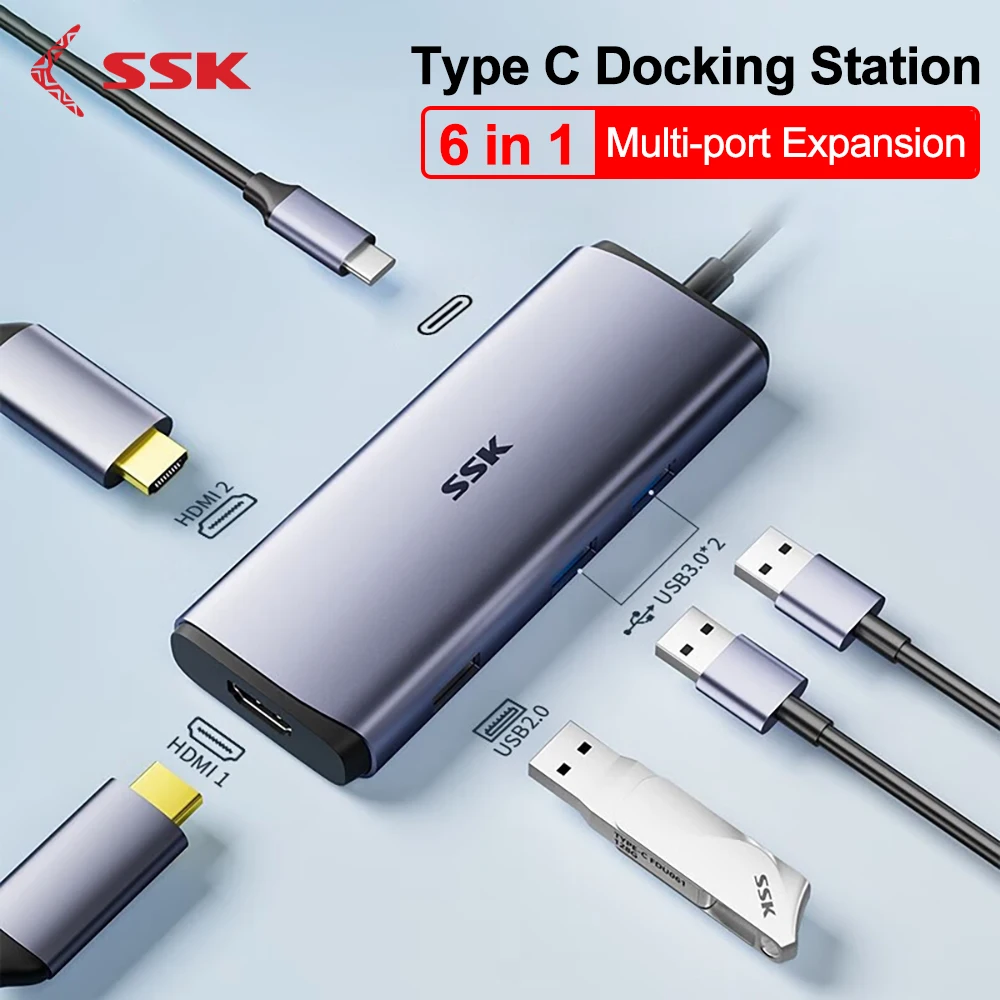 SSK 6-in-1 type-c Docking Station USB-C To HDMI Converter 4K Screen Projection USB Splitter for Huawei Apple Universal Usb Hub