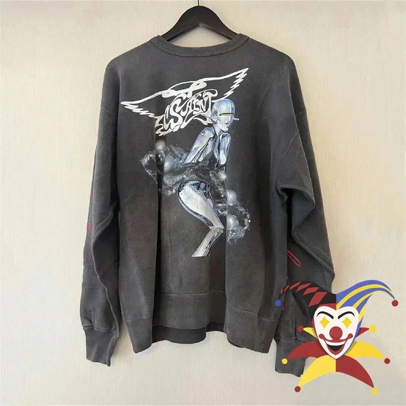 Washed Saint Sweatshirts Men Women Robot Printing Destroy Hoodie Crewneck