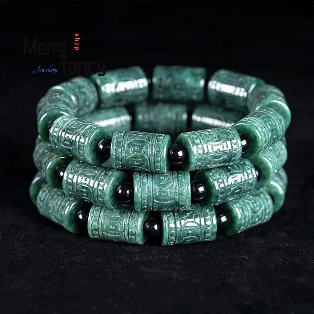 Natural Myanmar A-grade Jadeite Oil Green Engraved Flower Barrel Beads Lutong Ice Jade Beads Strings Bracelet Fashion Jewelry