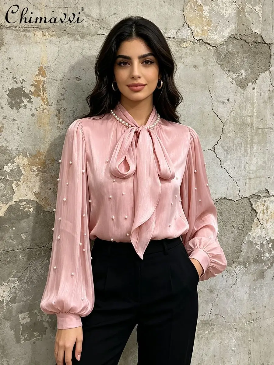 

French Elegant Light Luxury Celebrity Lace-up Bow Lantern Long Sleeve Bead Single-breasted Versatile Blouse Top For Women Shirts
