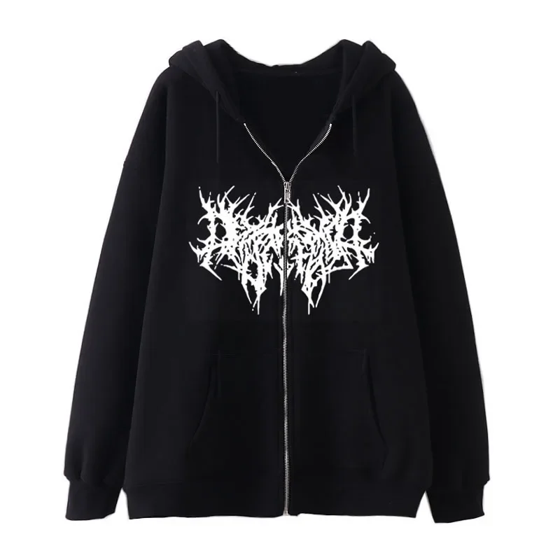 Gothic Abstract Print Zip Up Hoodie Streetwear Men Oversized Hooded Jacket Spring Autumn Casual Long Sleeve Trendy Outerwear