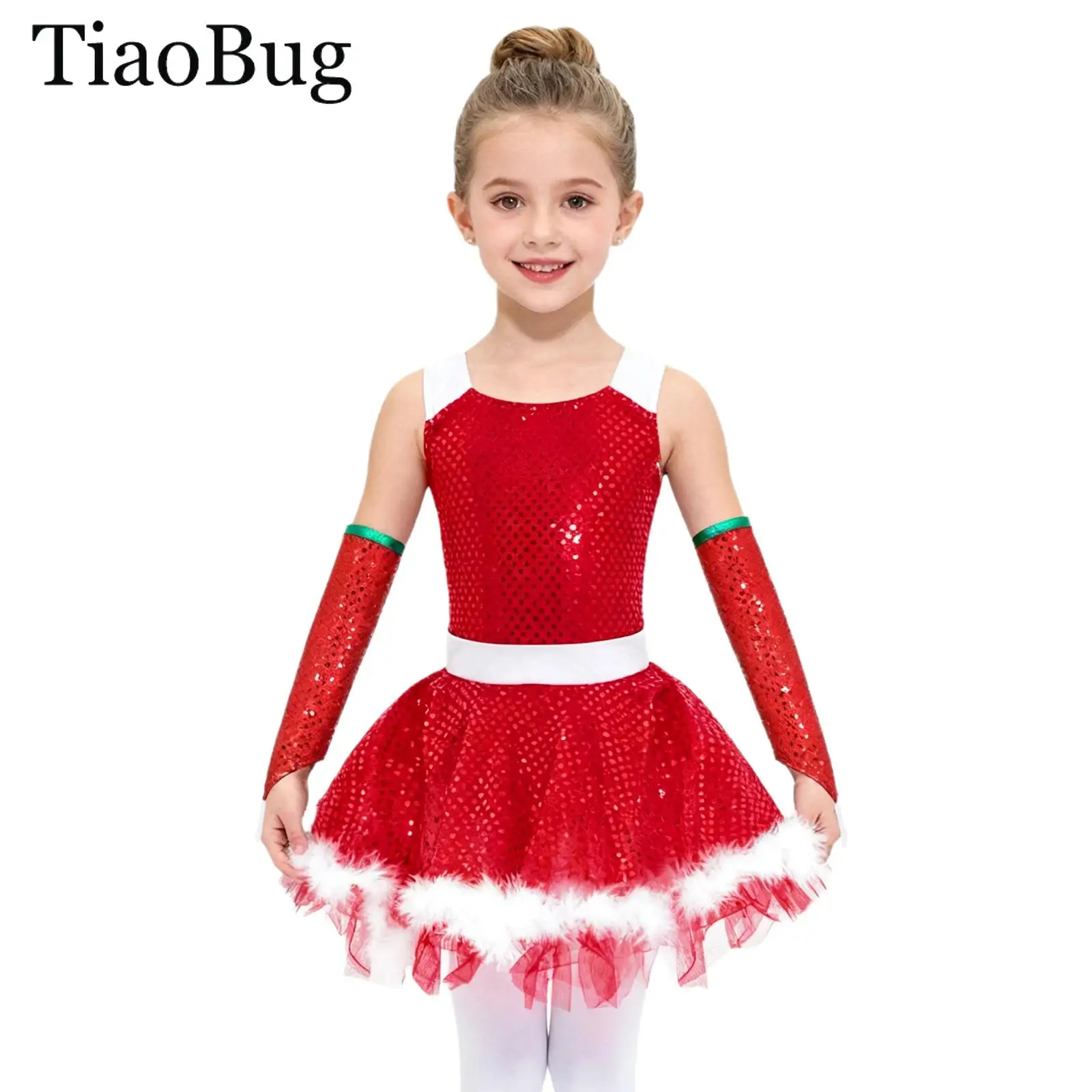 

Girls Christmas Sequin Ballet Dance Dress Skating Tutu Faux Fur Leotard Cami Dress Oversleeves Xmas Santa Claus Snowman Costume