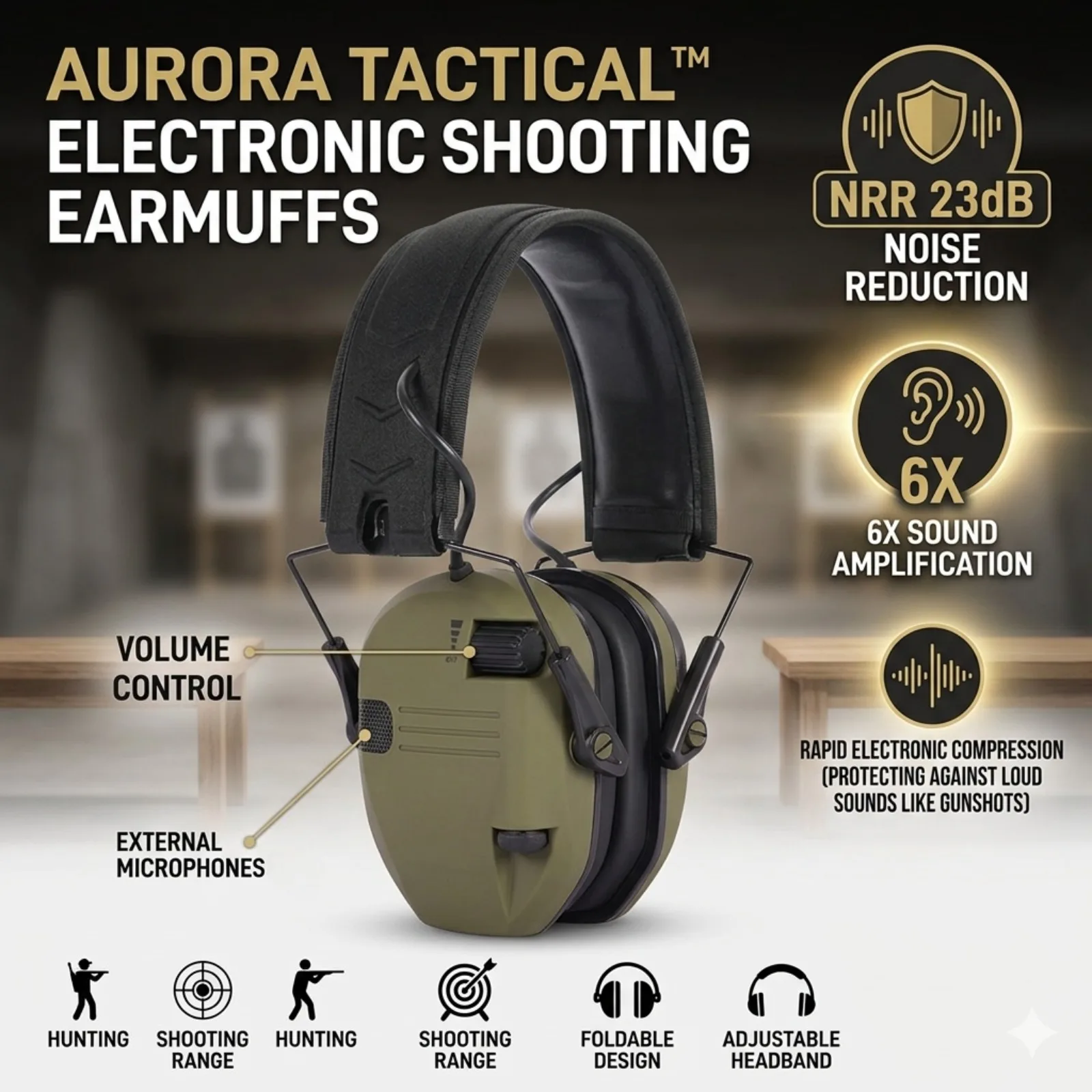 

Tactical Electronic Shooting Earmuffs: 6X Sound Amplification, NRR 23dB Active Noise Reduction Slim Muffs for Hunting Range