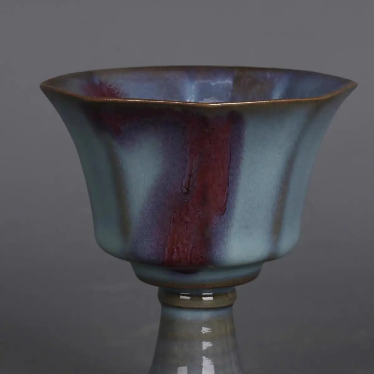 Old Collection Imitation Song Jun Kiln One Red Spot Octagonal High Foot Cup Porcelain Antique Collectible Tea House Decor