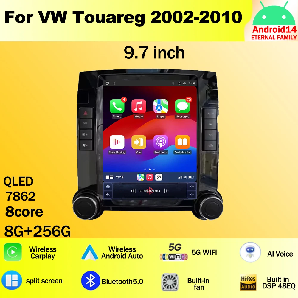 

9,7 дюймовый Android 14 для VW Touareg 2002-2010 автомобильный радиоприемник, мультимедийный беспроводной плеер для CarPlay, GPS-навигация, Φ wifi BT No 2din DVD