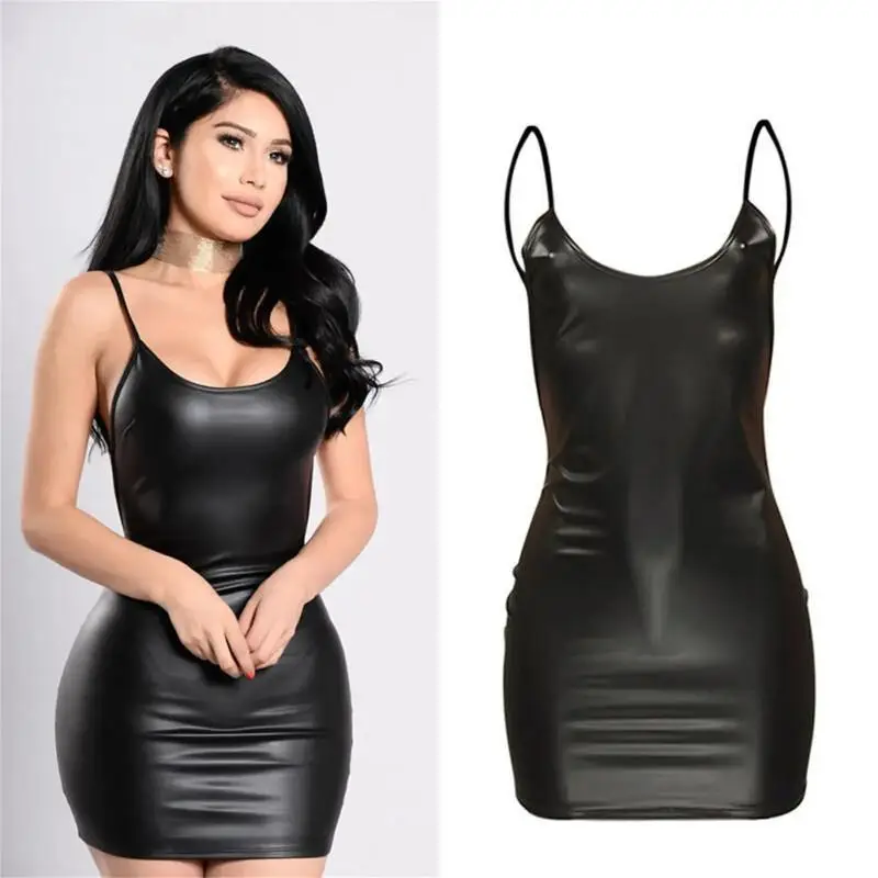 Hot Sell Plus Size Black Faux Leather Cami Dress Sleeveless Backless Bodycon Mini Dress For CosPlay Party Halloween In Stock
