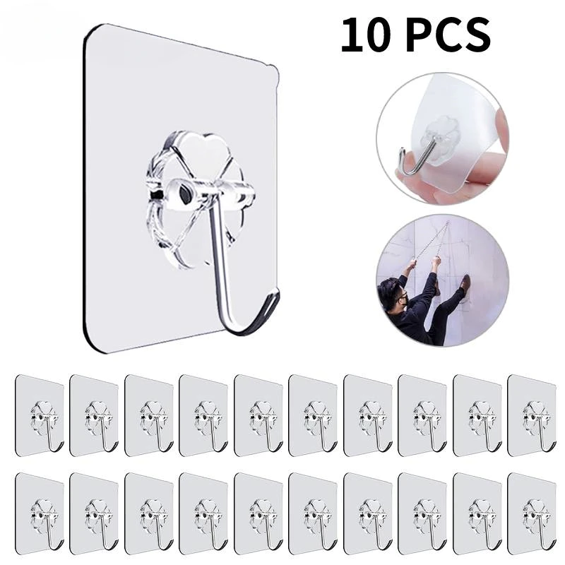 10pcs Transparent Hooks Strong Self Adhesive Key Storage Hanger Multi-Function Towel Hanging Hook For Kitchen Bathroom Storage