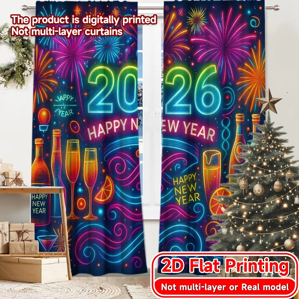 2D Flat Printing,2pcs NewYear2026Bliss Fashionable Popular Curtains Versatile Polyester Fabric Curtains Decorations Suitable for