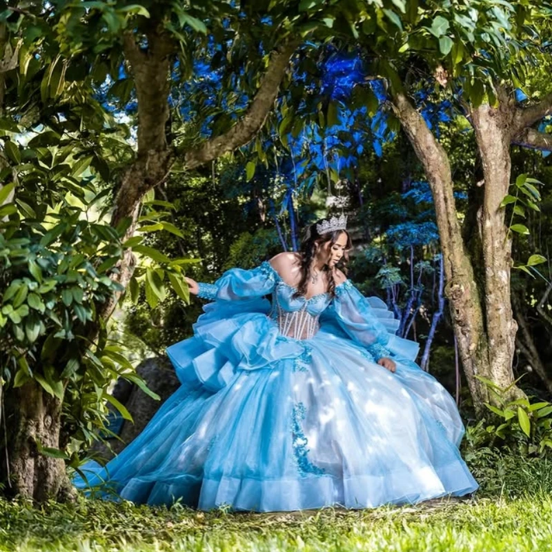 

Customized sky blue Quinceanera Dresses Off the Shoulder glitter applique flower Lace layering Long tail Vestido 15 Quinceanera