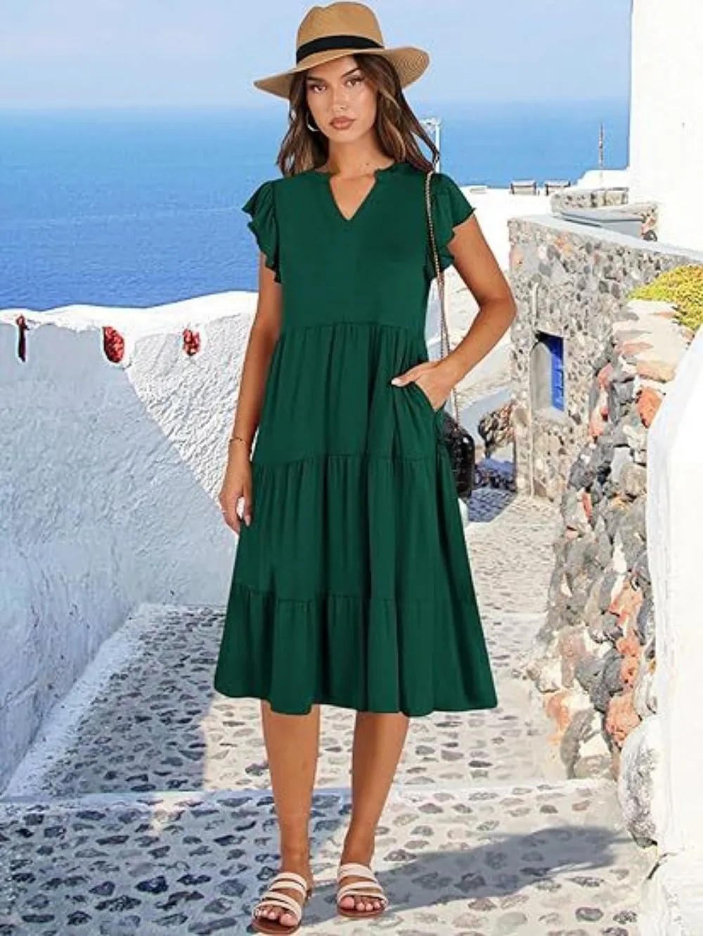 Womens Summer Dress Ruffle Sleeve V Neck Midi Dresses Fashion Casual Fit Flowy Tiered Boho Beach Vacation Sundress